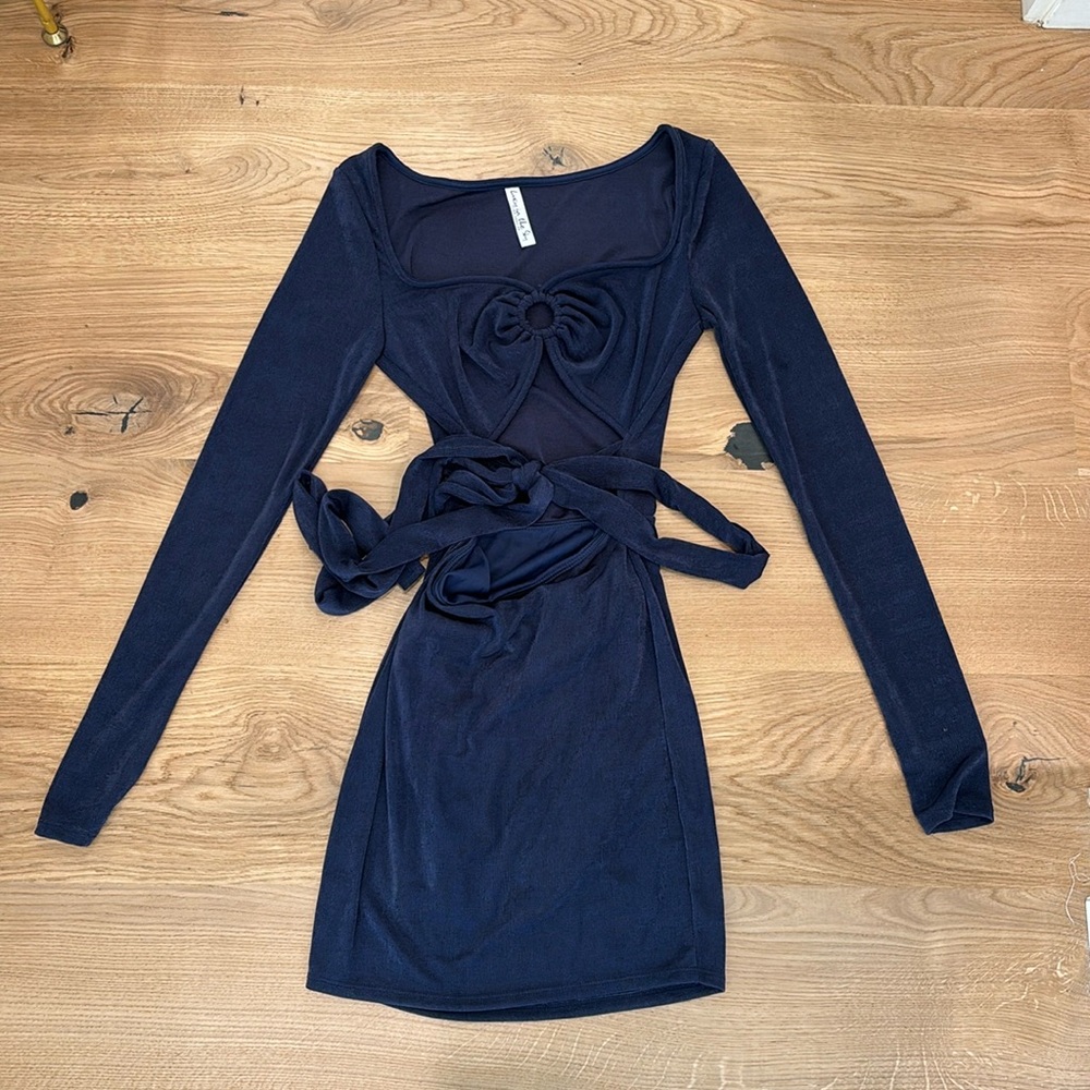 Lucy in the Sky long sleeve mini dress with cinching waist tie